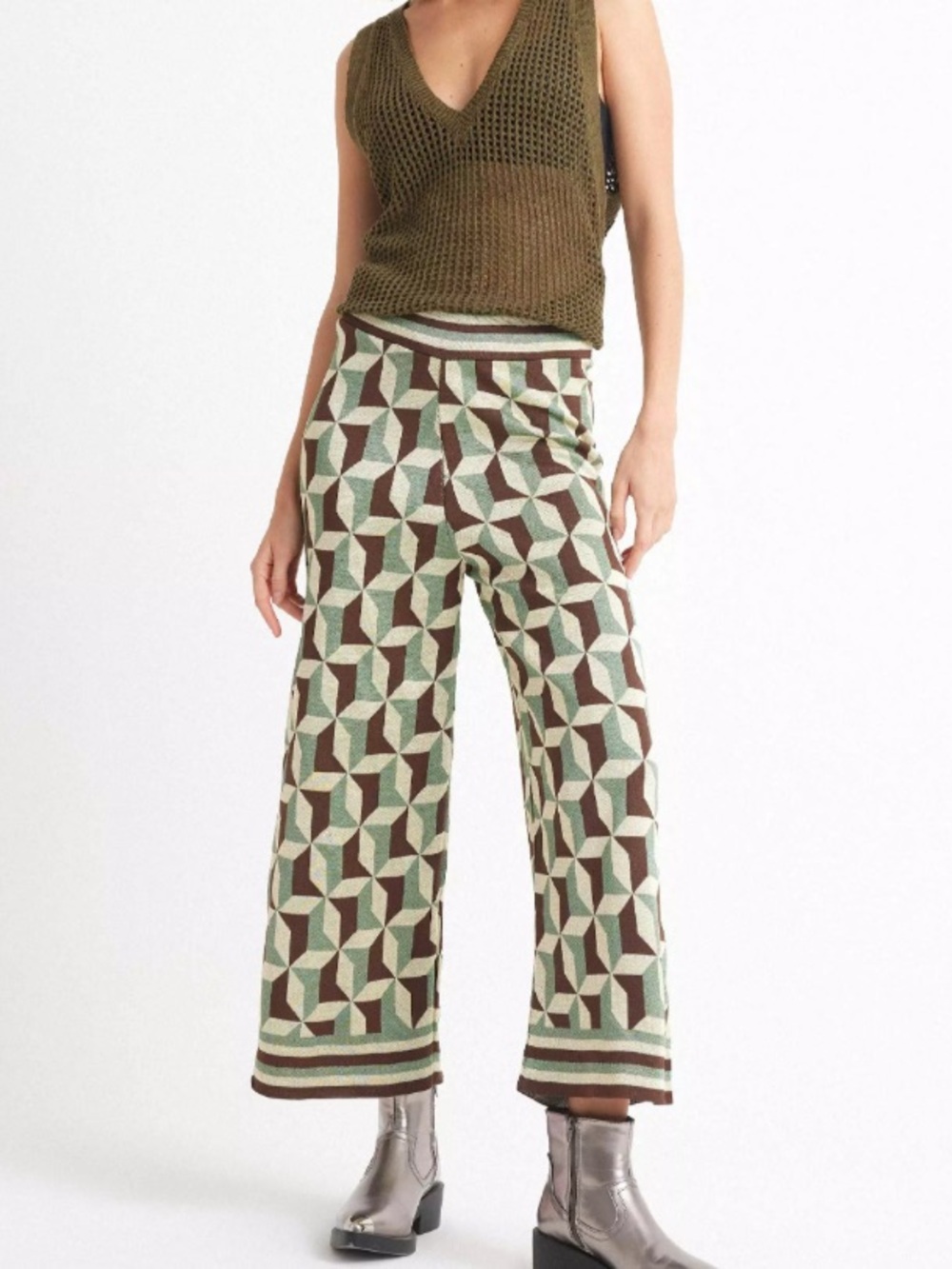 ZARA LARGE KNIT JACQUARD ANKLE WIDE LEG PRINT PANTS